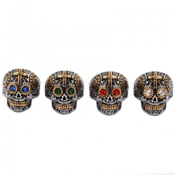 Wholesale Kapala Skull Biker Ring Stainless Steel Jewelry Colorful Blue Green Red White Eyes Gold Cross Skull Men Ring SWR0781
