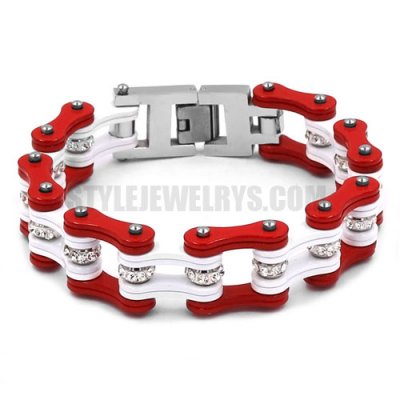 Bling Rhinestone Biker Bracelet Stainless Steel Jewelry Fashion Red and White Bicycle Chain Motor Bracelet SJB0308