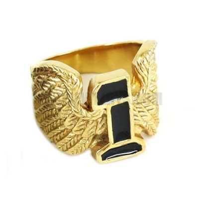 Stainless Steel Double Wing & Carved Word Ring, Gold SWR0544
