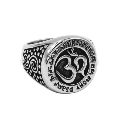 Om Symbol, Buddhism, Zen Art Ring Stainless Steel Jewelry Classsic India Om Yoga Biker Men Ring SWR0890
