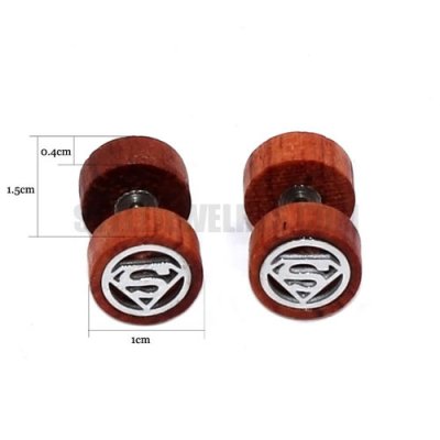 Stainless Steel Earring Brown Natural Round Circle Wood Faux Fake Ear Plug SJE370170