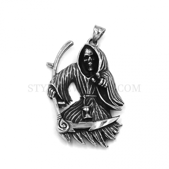 Vintage Gothic Stainless Steel Grim Reaper Pendant Biker Skull Pendant SWP0529 - Click Image to Close