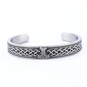 Norse Viking Thor Hammer Cuff Bracelet Stainless Steel Bangle Celtic Knot Biker Men Bangle SJB0393