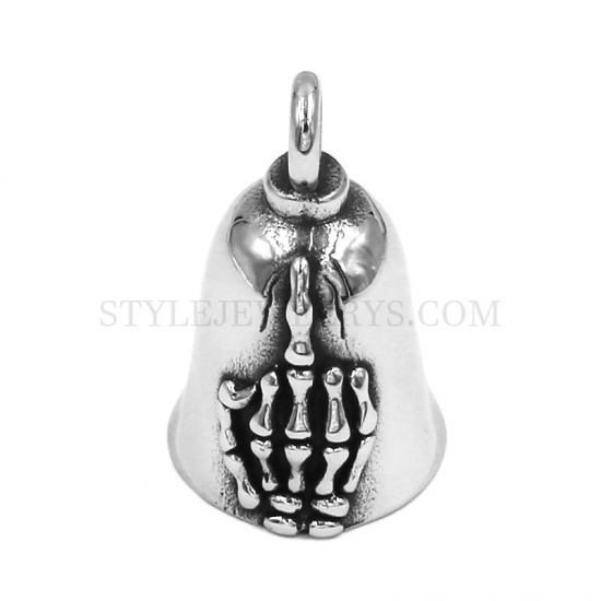 Wholesale Skull Hand Middle Finger Bell Pendant Stainless Steel Skull Biker Bell Pendant SWP0602 - Click Image to Close