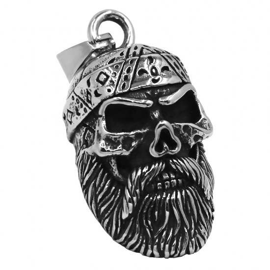 Skull Bell Pendant Stainless Steel Silver Black Long Beard Skull Biker Necklace SWP0710 - Click Image to Close