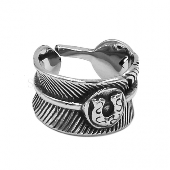 Horseshoe Feather Ring Stainless Steel Biker Ring SWR0785 - Click Image to Close
