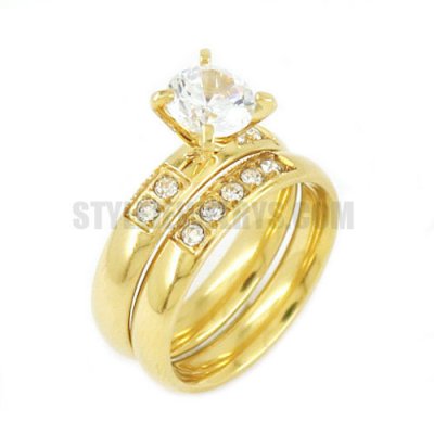 Stainless Steel White Stones Gold Rhodium Princess Wedding Engagement Ring Set SWD0001