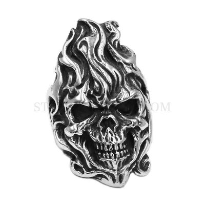 Vintage Gothic Fire Skull Ring Stainless Steel Jewelry Man Ring Biker Ring SWR0911