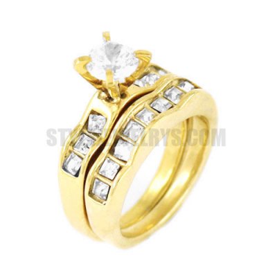 Stainless Steel White Stones Gold Rhodium Princess Wedding Engagement Ring Set SWD0002