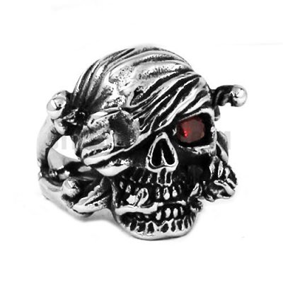 Mysterious Pirate Ghost Skull Biker Ring w/ Light Siam Red CZ Gothic Stainless Steel Pirate Skull Ring SWR0457