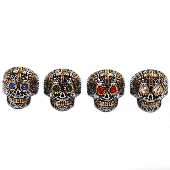 Wholesale Kapala Skull Biker Ring Stainless Steel Jewelry Colorful Blue Green Red White Eyes Gold Cross Skull Men Ring SWR0781 - Click Image to Close