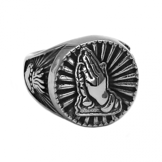 Praying Hands Bless Signet Ring Stainless Steel Jewelry Religious Virgin Mary Ring Engagement Promise Heart Wedding Ring SWR0772 - Click Image to Close