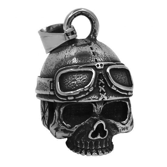 Aviator Skull Bell Pendant Stainless Steel Jewelry Biker Skull Bell Pendant Necklace SWP0709 - Click Image to Close