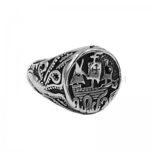 Sailing Boat Ship Cross Ring Stainless Steel Jewelry Classic Pirate Ship Octopus Navy Military Biker Men Ring SWR0891