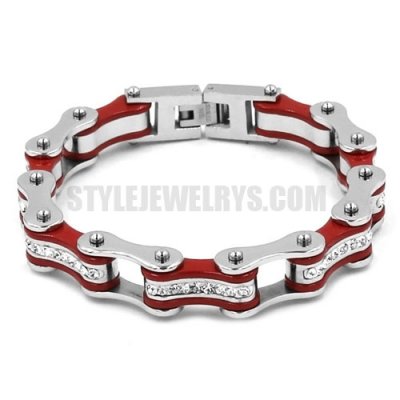 Stainless Steel Rhinestone Biker Bracelet Stainless Steel Jewelry Fashion Silver and Red Bicycle Chain Motor Bracelet SJB0312
