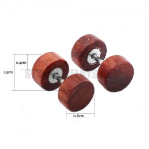 Stainless Steel Earring Brown Natural Round Circle Wood Faux Fake Ear Plug SJE370167
