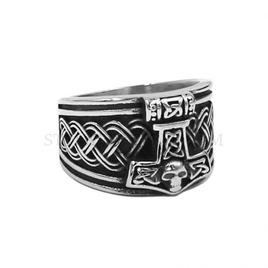 Wholesale Tribal Symbol Myth Thor Hammer Ring Stainless Steel Jewelry Norse Viking Rune Skull Biker Men Ring SWR0978 - Click Image to Close