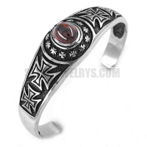 Stainless steel bangle cross with red stone cuff bracelet SJB0203 - Click Image to Close