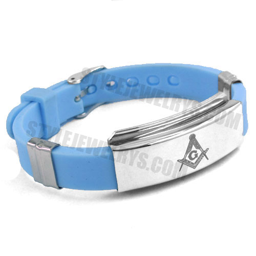 Stainless Steel Bracelet Light Blue Rubber Masonic Symbol Bracelet SJB0215 - Click Image to Close