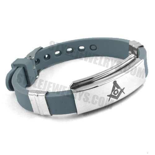 Stainless Steel Bracelet Grey Rubber Masonic Symbol Bracelet SJB0216 - Click Image to Close