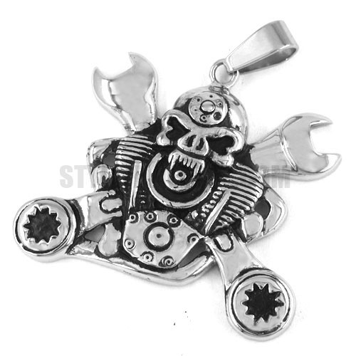 Motor Biker Skull Engine Pendant, Stainless Steel Skull Motor Wrench Pendant SWP0289 - Click Image to Close