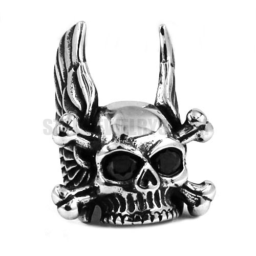 Winged Crossbones Skull Biker Ring w/ Jet Black CZ Gothic Stainless Steel Bone Skull Ring SWR0451 - Click Image to Close