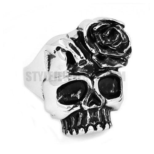 Gothic Stainless Steel Rose Skull Ring SWR0481 - Click Image to Close