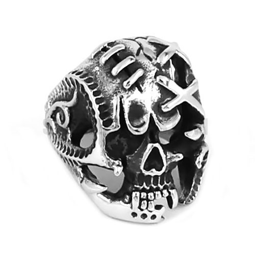 Vintage Gothic Stainless Steel Biker Men Skull Ring, Silver Black SWR0550 - Click Image to Close