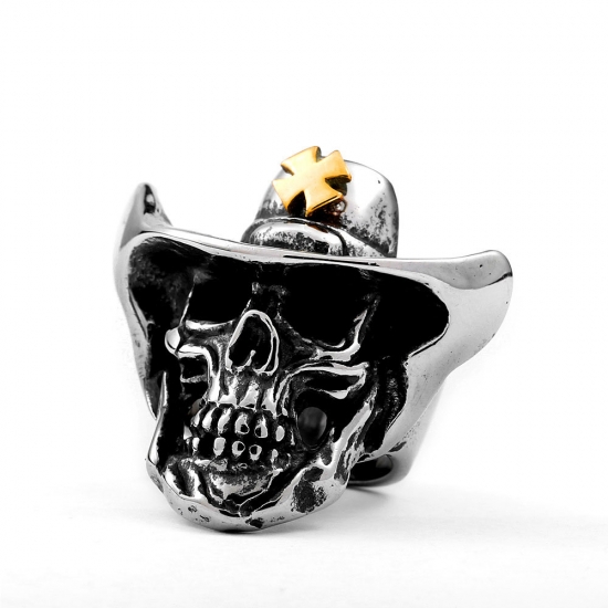 Vintage Gothic Skull Ring Stainless Steel Men Biker Ring Skull Charm Gold Cross Jewelry Ring SWR1039 - Click Image to Close