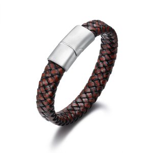 Leather Braided Rope Bracelet Stainless Steel Fashion Personality Vikings Rope Chain Magnet Clasp Biker Men Bangle Gift SMB0002