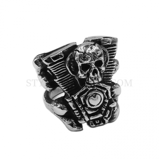 Engine Skull Ring Vintage Stainless Steel Skull Ring Biker Ring Men Ring SWR0966 - Click Image to Close