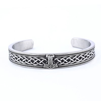 Norse Viking Thor Hammer Cuff Bracelet Stainless Steel Bangle Celtic Knot Biker Men Bangle SJB0393