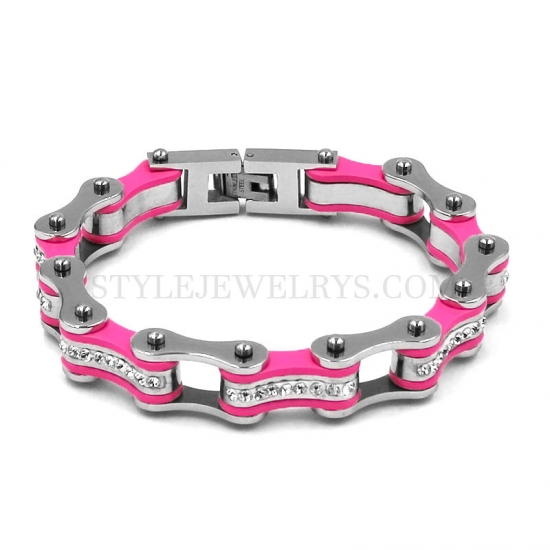 Bling Crystal Motorcycle Bracelet Stainless Steel Jewelry Pink Bicycle Chain Motor Biker Girls Women Bracelet SJB0366 - Click Image to Close