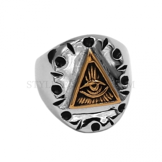 Illuminati Pyramid Eye Ring Stainless Steel Jewelry Gold All Seeing Eye Masonic Biker Men Ring Wholesale SWR0940 - Click Image to Close