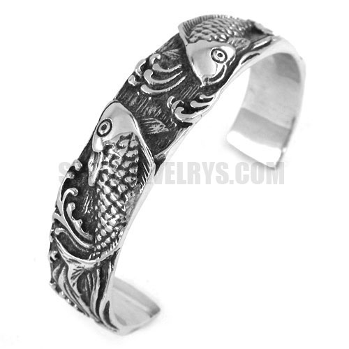 Stainless steel bangle double fishes cuff bracelet SJB0171 - Click Image to Close
