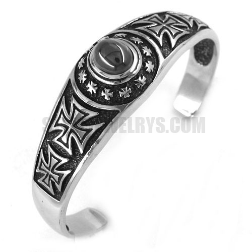 Stainless steel bangle cross with black stone cuff bracelet SJB0204 - Click Image to Close