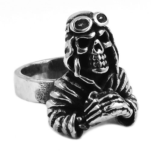 Gothic Stainless Steel Pilot Skull Ring SWR0398 - Click Image to Close